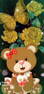 Cute teddy bear with glittering floral and butterfly design mobile wallpaper.