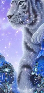 Majestic white tiger with sparkling blue mystical background.