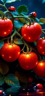 Glowing red tomatoes with ladybugs and vibrant leaves.