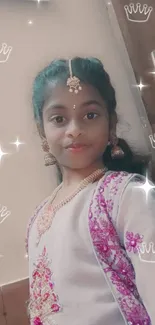 Girl in traditional attire with sparkle and crown effects.