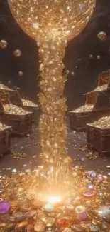 A cascade of gold coins and sparkling gemstones in a treasure room.