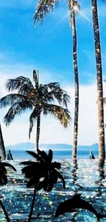 Tropical beach with palm trees and sparkling ocean.