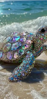 A gemstone-encrusted turtle on a sunny beach with ocean waves.