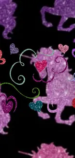 Black background with sparkling unicorns and colorful hearts.