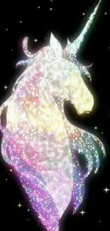 Sparkling rainbow unicorn on black starry background.