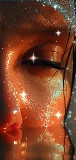 Sparkling face with shimmering water droplets and stars.