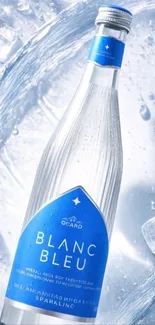 Sparkling water bottle with ice in a refreshing blue design.