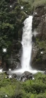 Waterfall with sparkling highlights in lush greenery.