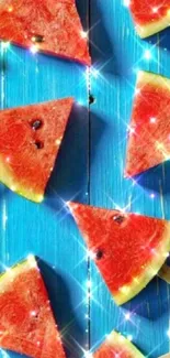 Vibrant watermelon popsicles on blue wooden background.