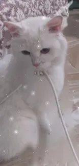 White cat with sparkles on a cozy background.