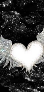 Glittering heart with wings on a cosmic black background.