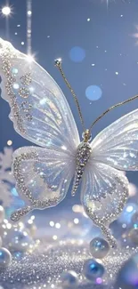 Elegant butterfly amidst sparkling winter scenery.