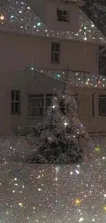 Snow-covered house with sparkling night sky wallpaper.