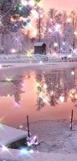 Sparkling winter cabin by a snowy lake with colorful lights and reflections.