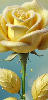 Sparkling yellow rose with dewdrops against a blue sky.