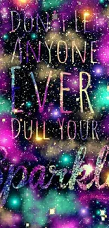 Inspirational quote on a colorful, sparkly background with vibrant galaxy-like theme.