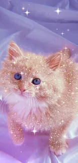 Cute sparkly kitten on purple fabric background.