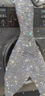 A sparkly mermaid tail hangs from a laundry machine, adding magical flair.