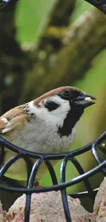 Sparrow perched in a bird feeder amidst natural greenery.