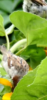 Sparrows among lush green leaves and sunflowers.