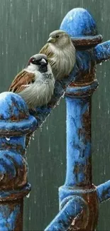 Two sparrows perched on a rustic blue rail under rain.