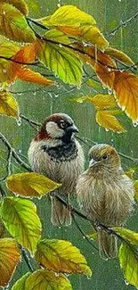 Two sparrows on a branch with wet autumn leaves.