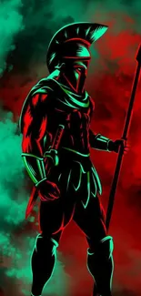 Spartan warrior in vibrant red and teal hues.