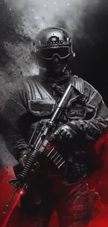 Special forces soldier with red mist backdrop.