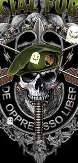 Special Forces skull design with a military theme on a black background.