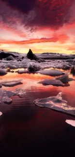 Arctic sunset with vibrant red hues reflecting in icy waters.