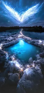 Celestial sky over mystical blue lake with dramatic clouds.