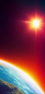 Earth's horizon with sun in space wallpaper.