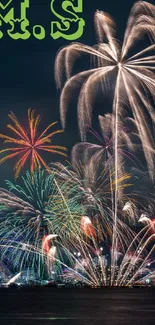 Vibrant fireworks light up a city skyline at night.