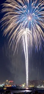 Fireworks exploding in a vibrant night sky over a lively cityscape.