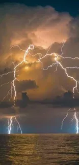 Lightning storm over ocean with dramatic clouds.