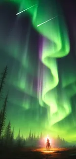 Mobile wallpaper of green northern lights over a forest landscape at night.