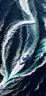 A boat cutting through the ocean, creating swirling white wakes on deep blue water.