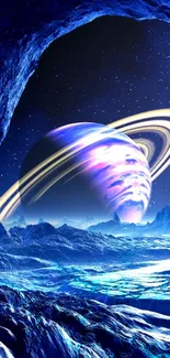 Stunning digital art of Saturn with blue celestial landscape.