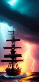 Majestic ship sails through a vivid lightning storm over the ocean.