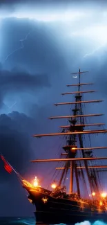 Spectacular ship sailing under lightning in a stormy sea at night.