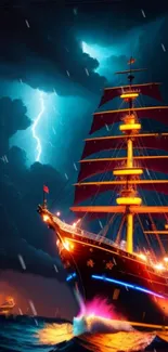 Vibrant ship sailing through stormy seas with dramatic lightning.