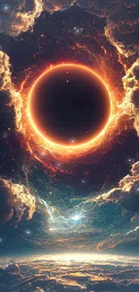 A digital art wallpaper of a solar eclipse in a cosmic scene with deep blue clouds.