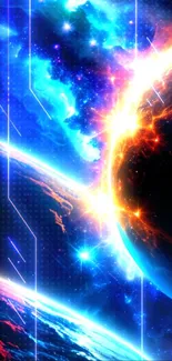 Vibrant space wallpaper with planets and explosion.