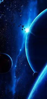 Vibrant blue galaxy with planets and stars in mobile wallpaper.