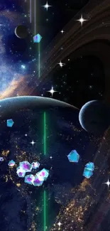 Vivid space scene with planets and stars.