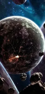 Majestic space scene with planets and asteroids.