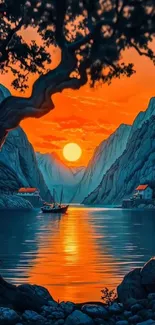 Stunning sunset over a calm lake surrounded by mountains.