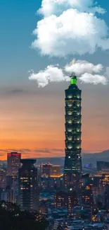 Taipei skyline with iconic tower and sunset backdrop.