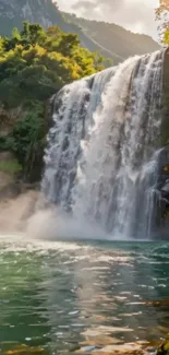 Beautiful waterfall surrounded by lush green forest and clouds.