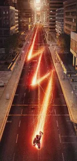 Hero racing through a city with a lightning trail.